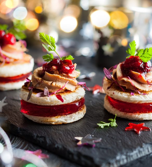 Festive appetizer with foie gras, cranberry chutney and jelly