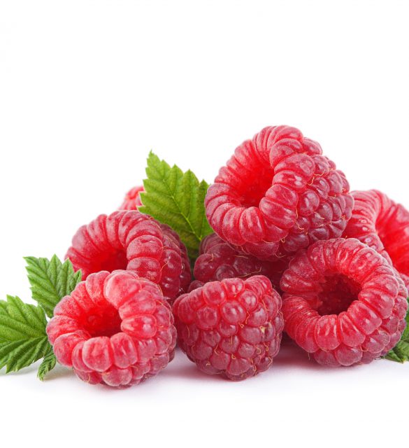 Raspberry fruit closeup with leaf isolated on white