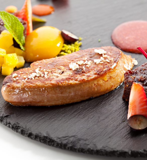 Fried Duck Fillet with Fruits and Berries and Sweet Dip