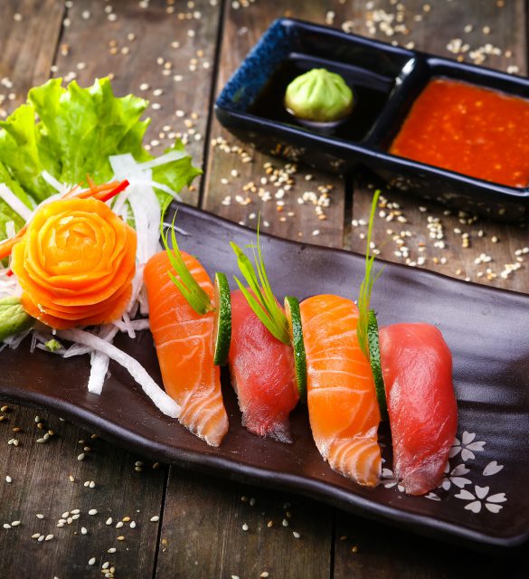 Japanese Salmon, tuna sushi and sauce - decor, stylish food